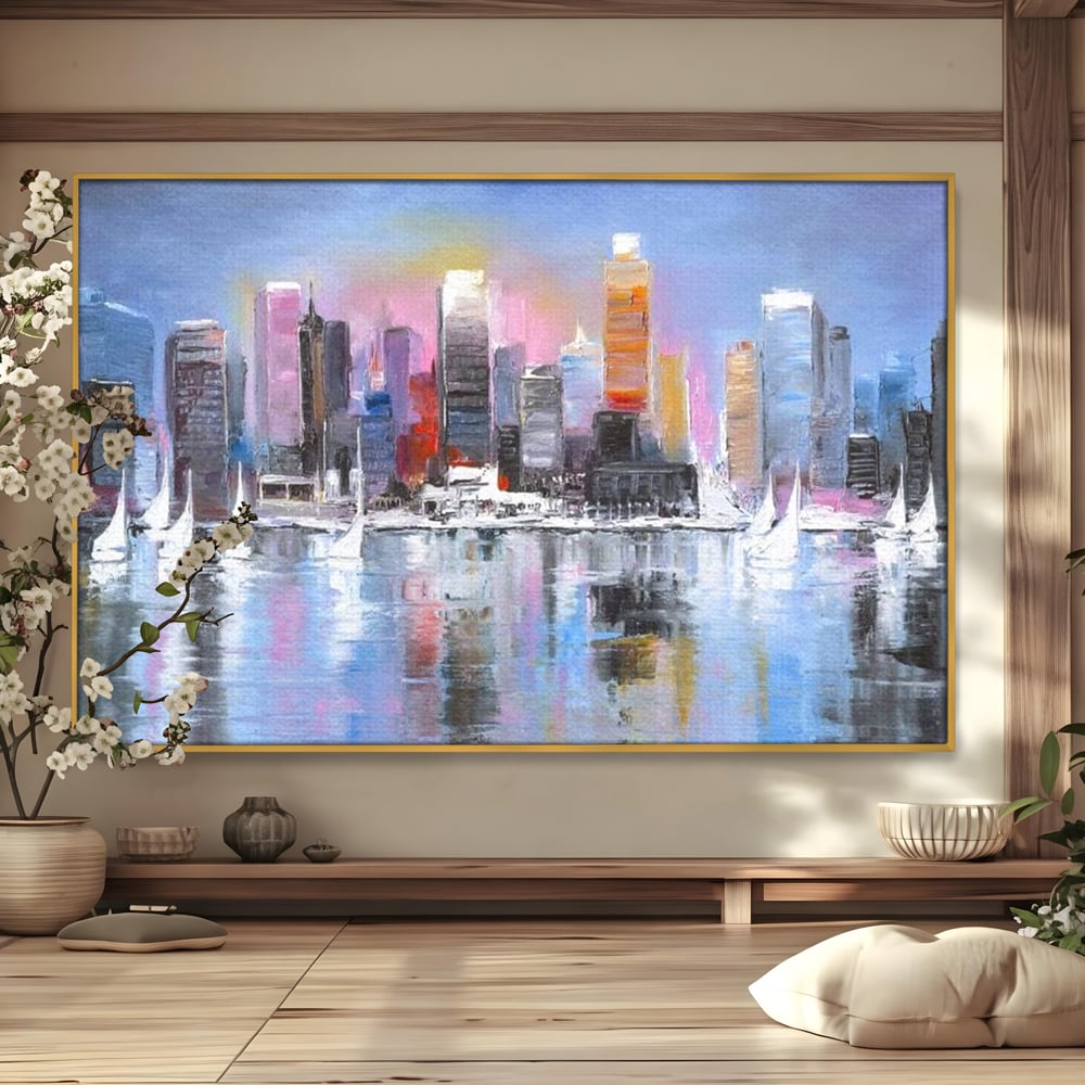 Tablou Canvas Premium, LuxCanva® O1024, Zborul Corabiilor, Pastelat, Senin, Liric, Fluid, Apus, Apa, Vele, Albastru, Roz, Inflacarat, Oglindire, Pictura, Tacere, Urban, Sticlos, Birou, Living, Dormitor