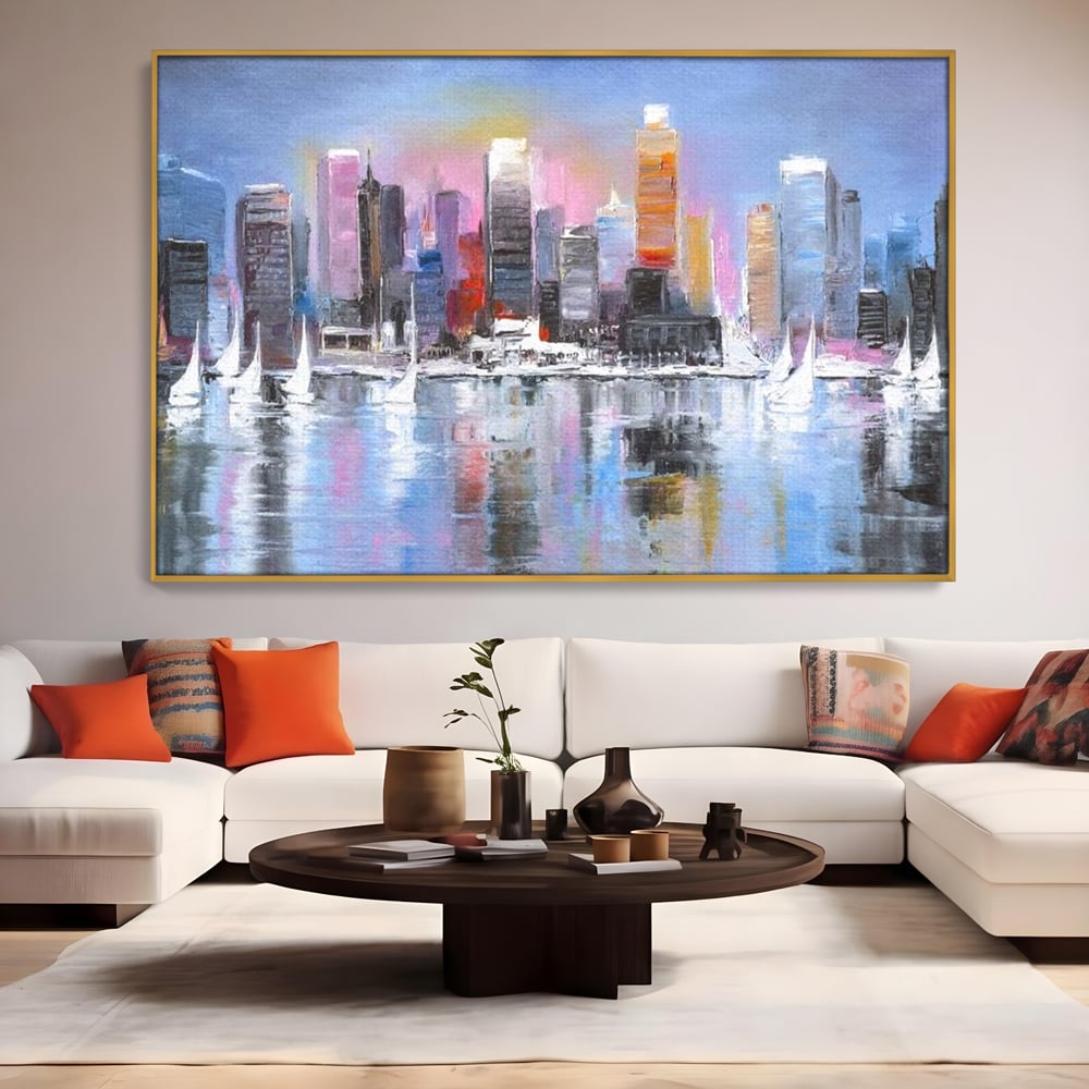 Tablou Canvas Premium, LuxCanva® O1024, Zborul Corabiilor, Pastelat, Senin, Liric, Fluid, Apus, Apa, Vele, Albastru, Roz, Inflacarat, Oglindire, Pictura, Tacere, Urban, Sticlos, Birou, Living, Dormitor