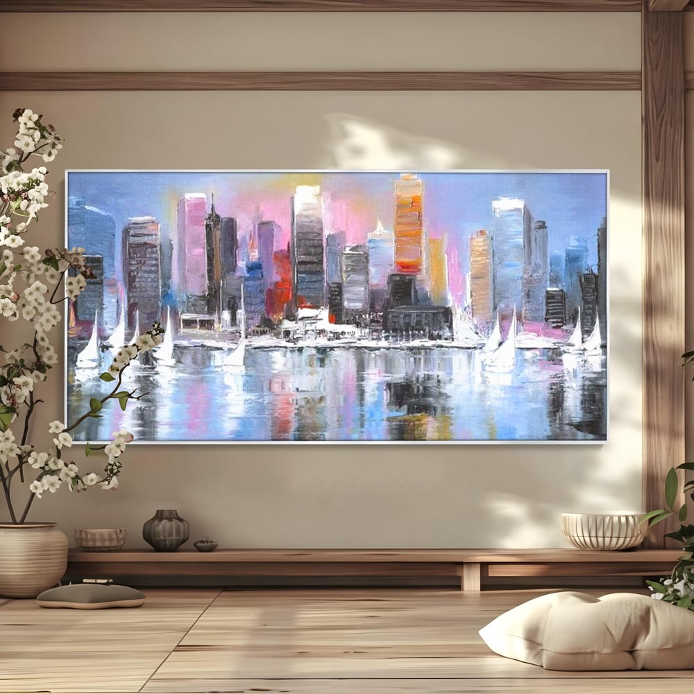 Tablou Canvas Premium, LuxCanva® O1024, Zborul Corabiilor, Pastelat, Senin, Liric, Fluid, Apus, Apa, Vele, Albastru, Roz, Inflacarat, Oglindire, Pictura, Tacere, Urban, Sticlos, Birou, Living, Dormitor