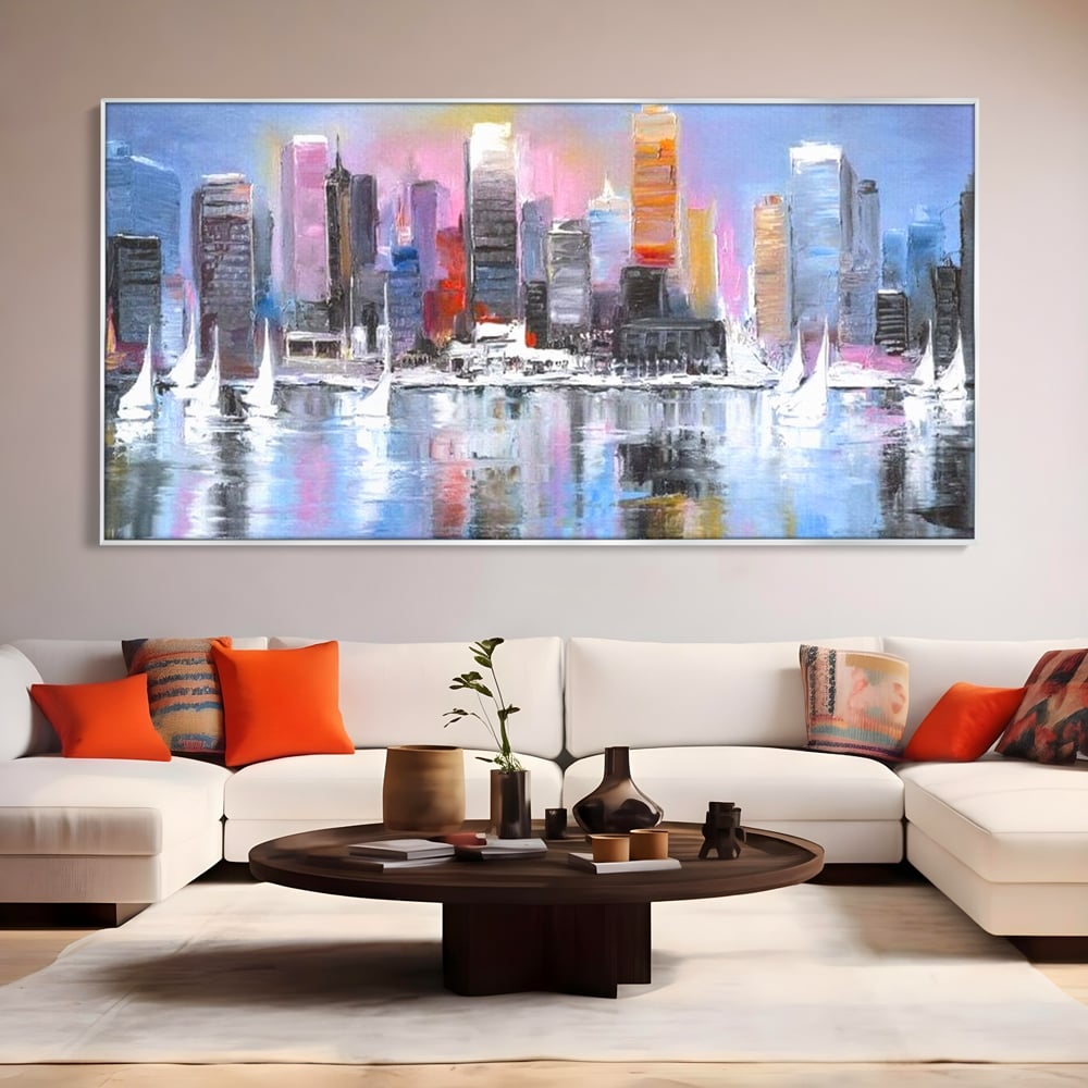 Tablou Canvas Premium, LuxCanva® O1024, Zborul Corabiilor, Pastelat, Senin, Liric, Fluid, Apus, Apa, Vele, Albastru, Roz, Inflacarat, Oglindire, Pictura, Tacere, Urban, Sticlos, Birou, Living, Dormitor