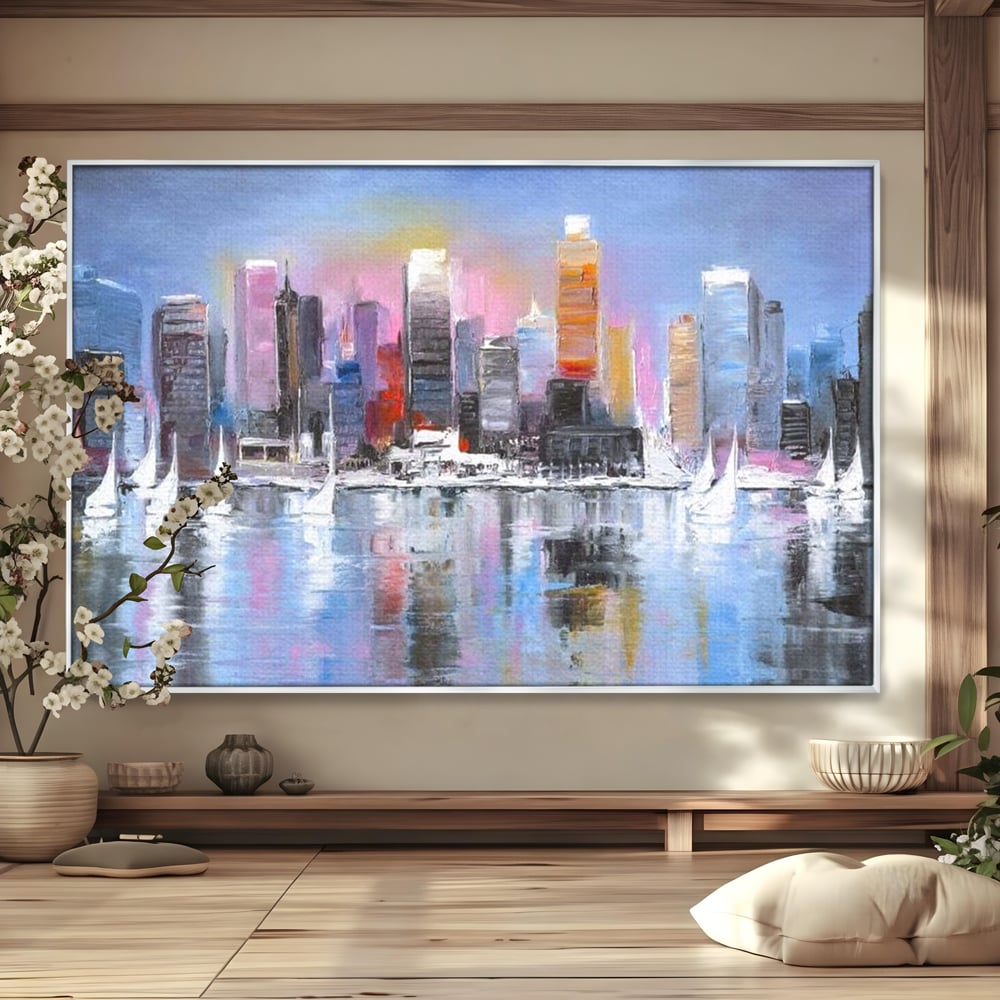 Tablou Canvas Premium, LuxCanva® O1024, Zborul Corabiilor, Pastelat, Senin, Liric, Fluid, Apus, Apa, Vele, Albastru, Roz, Inflacarat, Oglindire, Pictura, Tacere, Urban, Sticlos, Birou, Living, Dormitor