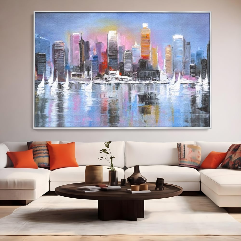 Tablou Canvas Premium, LuxCanva® O1024, Zborul Corabiilor, Pastelat, Senin, Liric, Fluid, Apus, Apa, Vele, Albastru, Roz, Inflacarat, Oglindire, Pictura, Tacere, Urban, Sticlos, Birou, Living, Dormitor