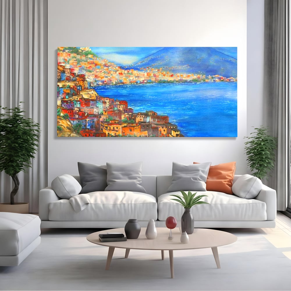 Tablou Canvas Premium, LuxCanva® O1027, Lumina peste Napoli, Oras, Coasta, Italia, Mediterana, Soare, Munte, Mare, Casa, Curcubeu, Cromatic, Azur, Solar, Caldura, Senin, Birou, Living, Dormitor
