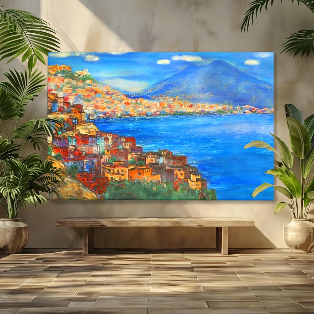Tablou Canvas Premium, LuxCanva® O1027, Lumina peste Napoli, Oras, Coasta, Italia, Mediterana, Soare, Munte, Mare, Casa, Curcubeu, Cromatic, Azur, Solar, Caldura, Senin, Birou, Living, Dormitor