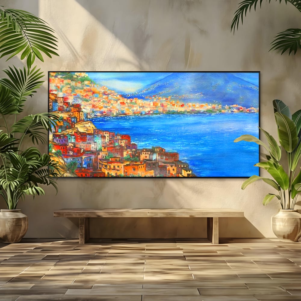 Tablou Canvas Premium, LuxCanva® O1027, Lumina peste Napoli, Oras, Coasta, Italia, Mediterana, Soare, Munte, Mare, Casa, Curcubeu, Cromatic, Azur, Solar, Caldura, Senin, Birou, Living, Dormitor