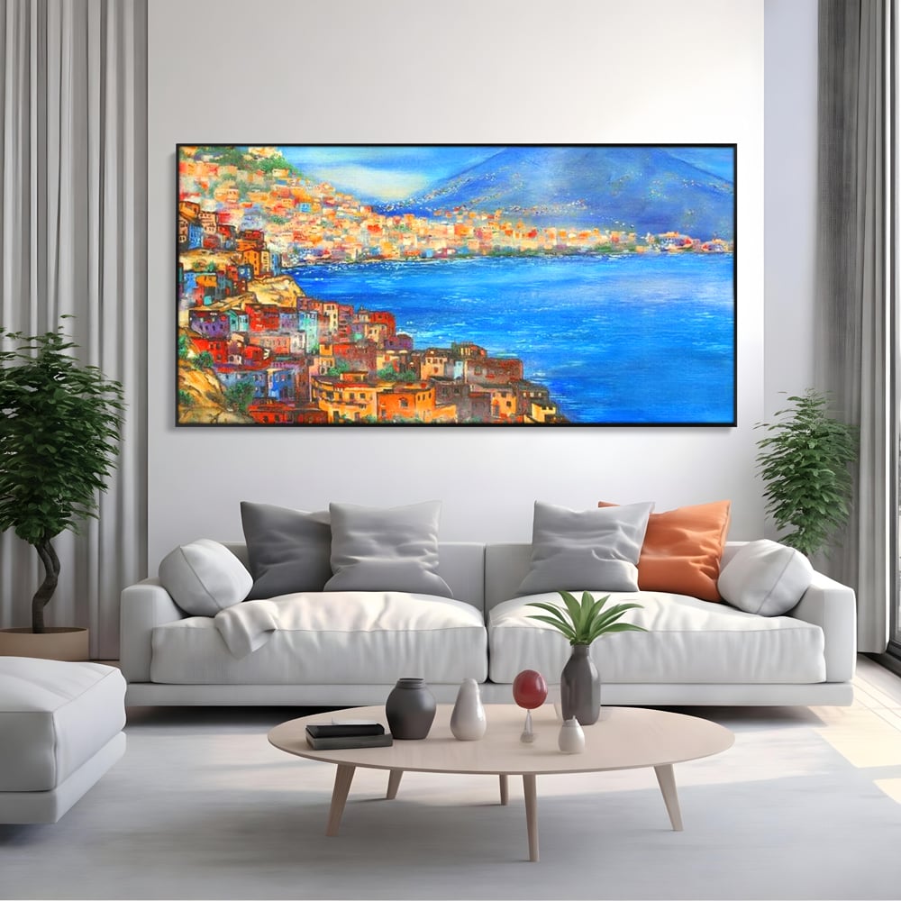 Tablou Canvas Premium, LuxCanva® O1027, Lumina peste Napoli, Oras, Coasta, Italia, Mediterana, Soare, Munte, Mare, Casa, Curcubeu, Cromatic, Azur, Solar, Caldura, Senin, Birou, Living, Dormitor