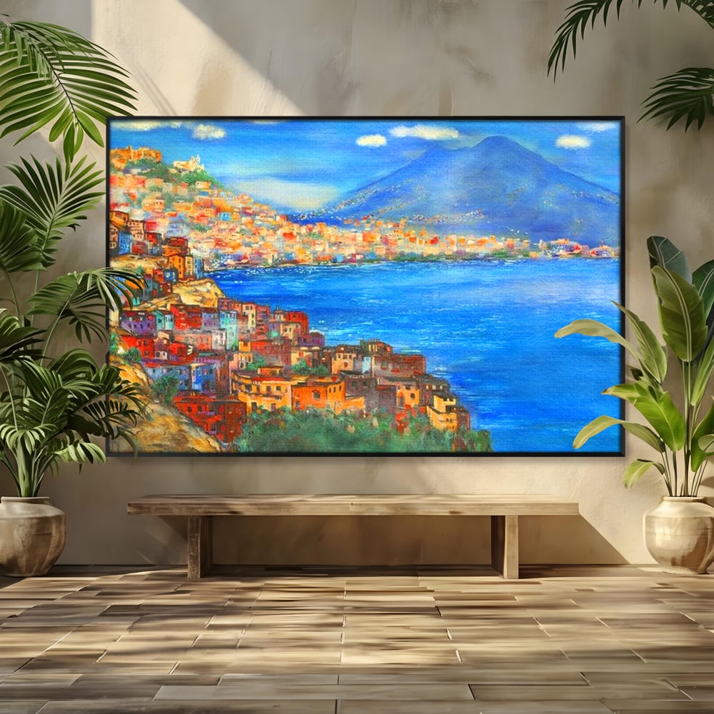 Tablou Canvas Premium, LuxCanva® O1027, Lumina peste Napoli, Oras, Coasta, Italia, Mediterana, Soare, Munte, Mare, Casa, Curcubeu, Cromatic, Azur, Solar, Caldura, Senin, Birou, Living, Dormitor