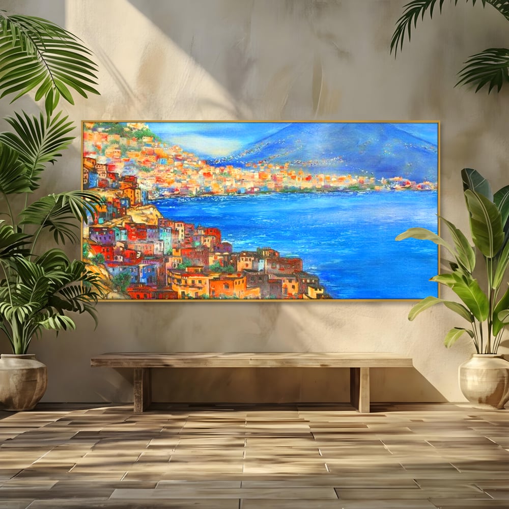 Tablou Canvas Premium, LuxCanva® O1027, Lumina peste Napoli, Oras, Coasta, Italia, Mediterana, Soare, Munte, Mare, Casa, Curcubeu, Cromatic, Azur, Solar, Caldura, Senin, Birou, Living, Dormitor