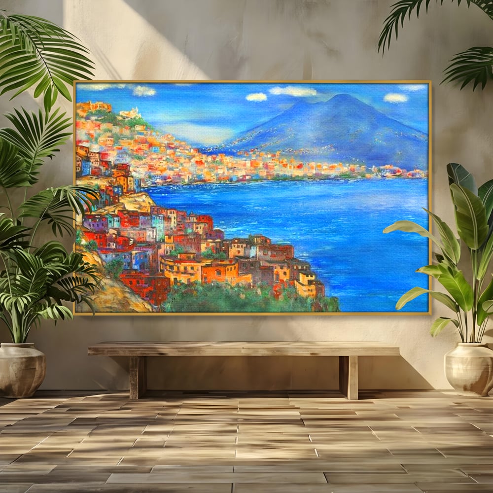 Tablou Canvas Premium, LuxCanva® O1027, Lumina peste Napoli, Oras, Coasta, Italia, Mediterana, Soare, Munte, Mare, Casa, Curcubeu, Cromatic, Azur, Solar, Caldura, Senin, Birou, Living, Dormitor