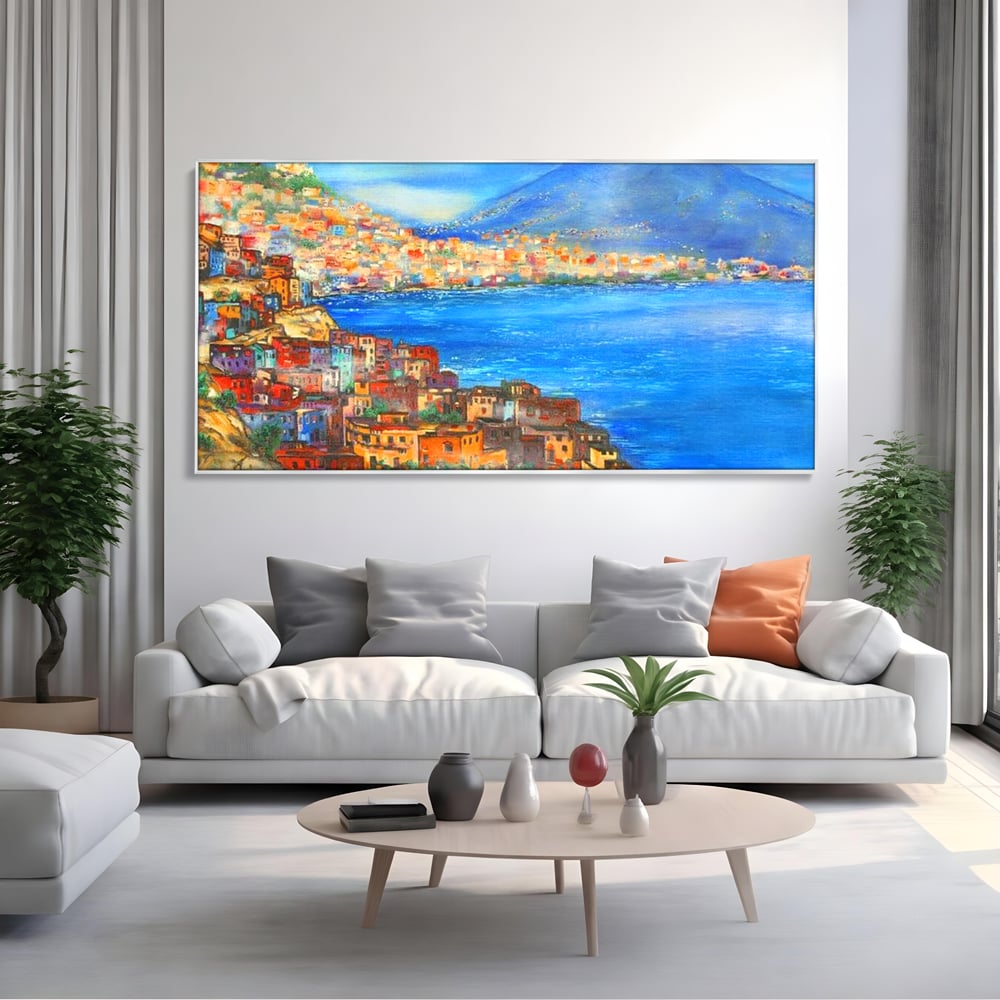 Tablou Canvas Premium, LuxCanva® O1027, Lumina peste Napoli, Oras, Coasta, Italia, Mediterana, Soare, Munte, Mare, Casa, Curcubeu, Cromatic, Azur, Solar, Caldura, Senin, Birou, Living, Dormitor