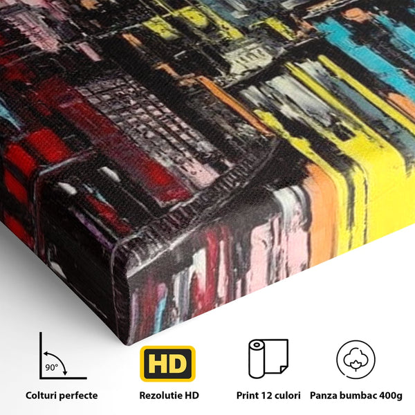Tablou Canvas Premium, LuxCanva® O1028, Orasul Curcubeu,  Culoare, Reflexie, Urban, Noapte, Cladiri, Metropola, Abstract, Modernitate, Intensitate, Puls, Dinamism, Stralucire, Birou, Living, Dormitor
