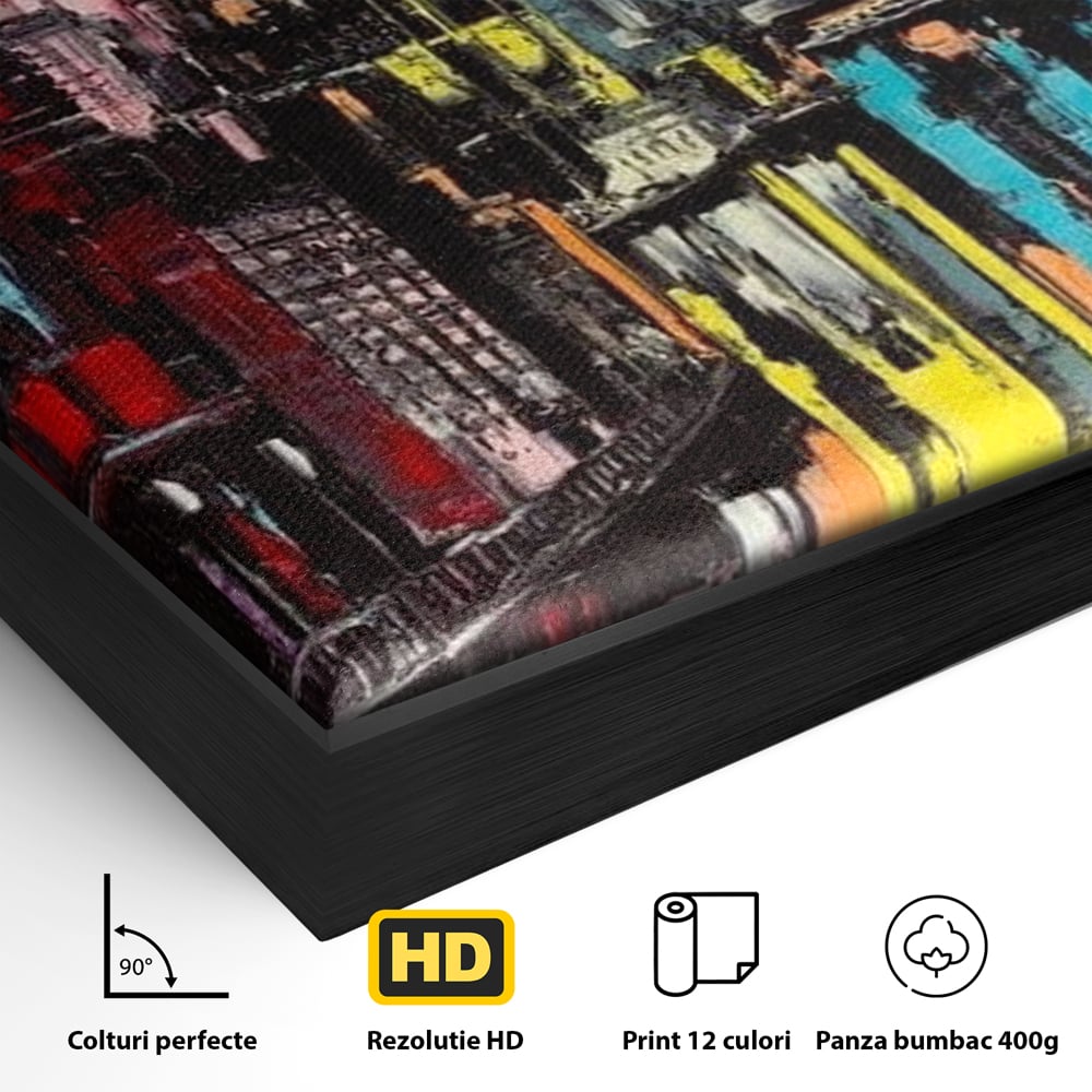Tablou Canvas Premium, LuxCanva® O1028, Orasul Curcubeu,  Culoare, Reflexie, Urban, Noapte, Cladiri, Metropola, Abstract, Modernitate, Intensitate, Puls, Dinamism, Stralucire, Birou, Living, Dormitor