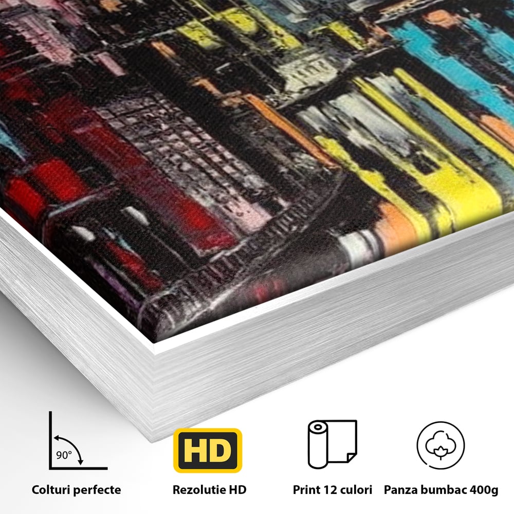 Tablou Canvas Premium, LuxCanva® O1028, Orasul Curcubeu,  Culoare, Reflexie, Urban, Noapte, Cladiri, Metropola, Abstract, Modernitate, Intensitate, Puls, Dinamism, Stralucire, Birou, Living, Dormitor