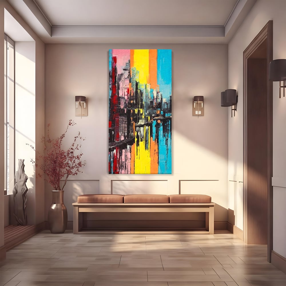 Tablou Canvas Premium, LuxCanva® O1028, Orasul Curcubeu,  Culoare, Reflexie, Urban, Noapte, Cladiri, Metropola, Abstract, Modernitate, Intensitate, Puls, Dinamism, Stralucire, Birou, Living, Dormitor