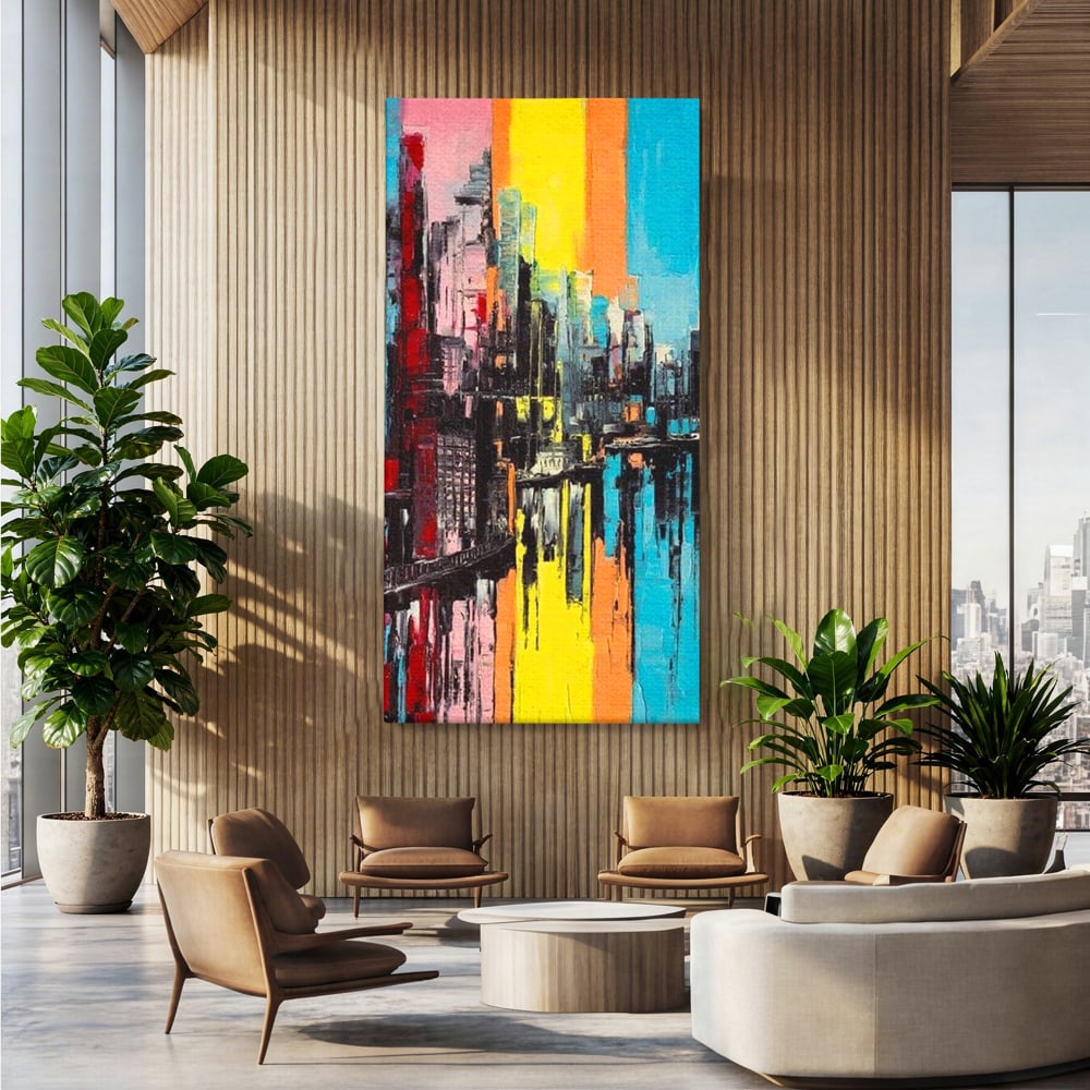 Tablou Canvas Premium, LuxCanva® O1028, Orasul Curcubeu,  Culoare, Reflexie, Urban, Noapte, Cladiri, Metropola, Abstract, Modernitate, Intensitate, Puls, Dinamism, Stralucire, Birou, Living, Dormitor