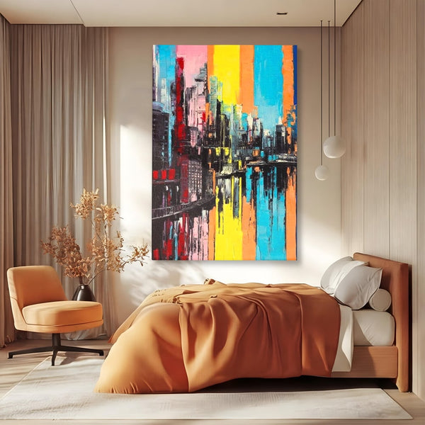 Tablou Canvas Premium, LuxCanva® O1028, Orasul Curcubeu,  Culoare, Reflexie, Urban, Noapte, Cladiri, Metropola, Abstract, Modernitate, Intensitate, Puls, Dinamism, Stralucire, Birou, Living, Dormitor