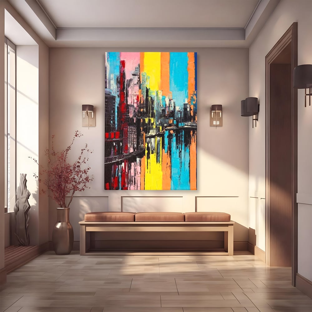 Tablou Canvas Premium, LuxCanva® O1028, Orasul Curcubeu,  Culoare, Reflexie, Urban, Noapte, Cladiri, Metropola, Abstract, Modernitate, Intensitate, Puls, Dinamism, Stralucire, Birou, Living, Dormitor