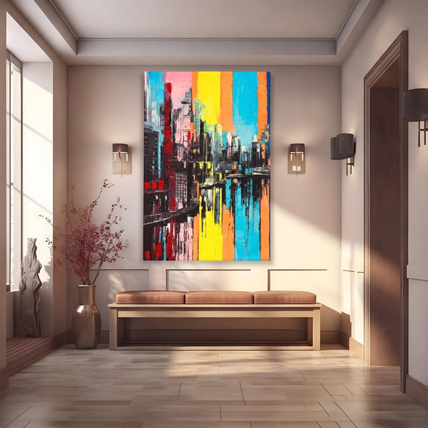 Tablou Canvas Premium, LuxCanva® O1028, Orasul Curcubeu,  Culoare, Reflexie, Urban, Noapte, Cladiri, Metropola, Abstract, Modernitate, Intensitate, Puls, Dinamism, Stralucire, Birou, Living, Dormitor
