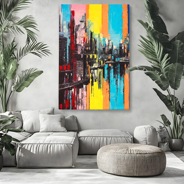 Tablou Canvas Premium, LuxCanva® O1028, Orasul Curcubeu,  Culoare, Reflexie, Urban, Noapte, Cladiri, Metropola, Abstract, Modernitate, Intensitate, Puls, Dinamism, Stralucire, Birou, Living, Dormitor