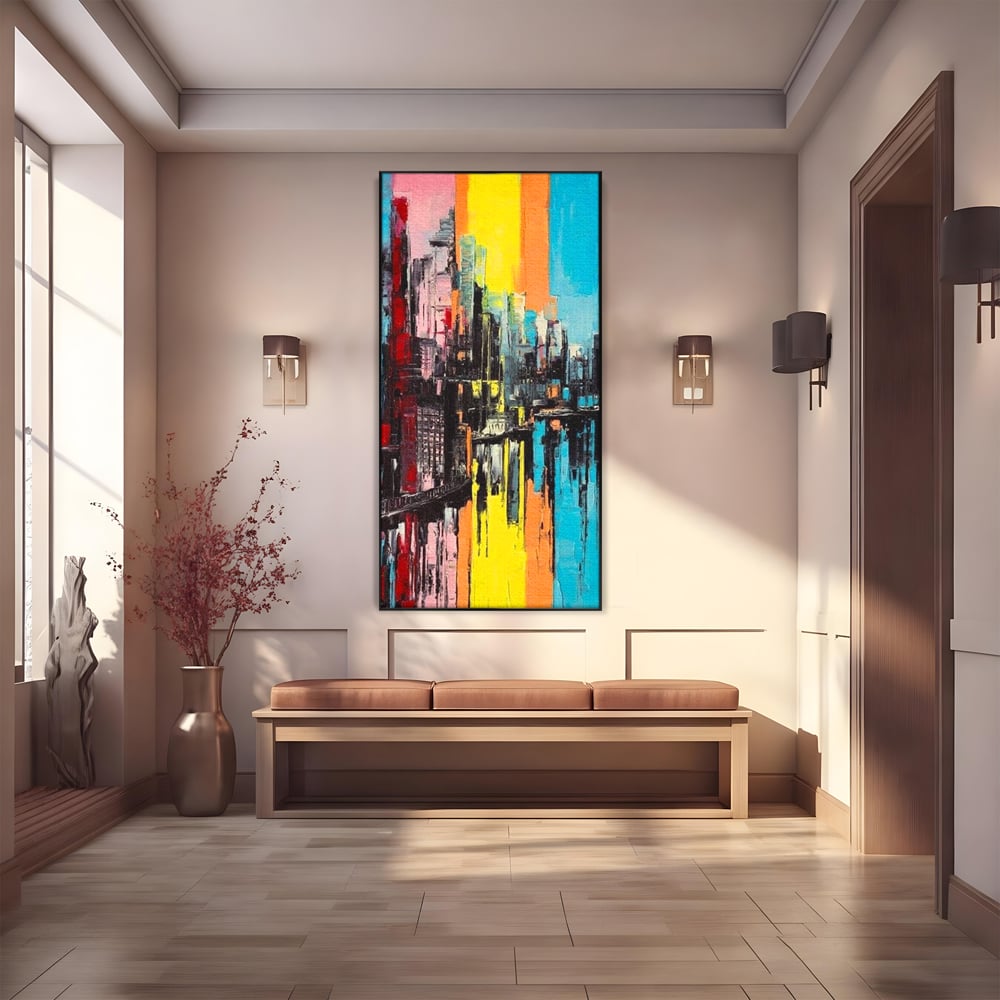 Tablou Canvas Premium, LuxCanva® O1028, Orasul Curcubeu,  Culoare, Reflexie, Urban, Noapte, Cladiri, Metropola, Abstract, Modernitate, Intensitate, Puls, Dinamism, Stralucire, Birou, Living, Dormitor