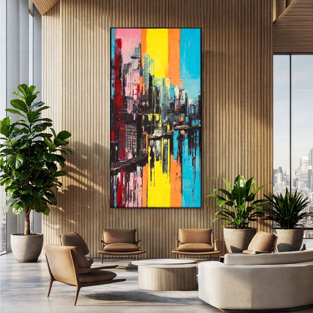 Tablou Canvas Premium, LuxCanva® O1028, Orasul Curcubeu,  Culoare, Reflexie, Urban, Noapte, Cladiri, Metropola, Abstract, Modernitate, Intensitate, Puls, Dinamism, Stralucire, Birou, Living, Dormitor