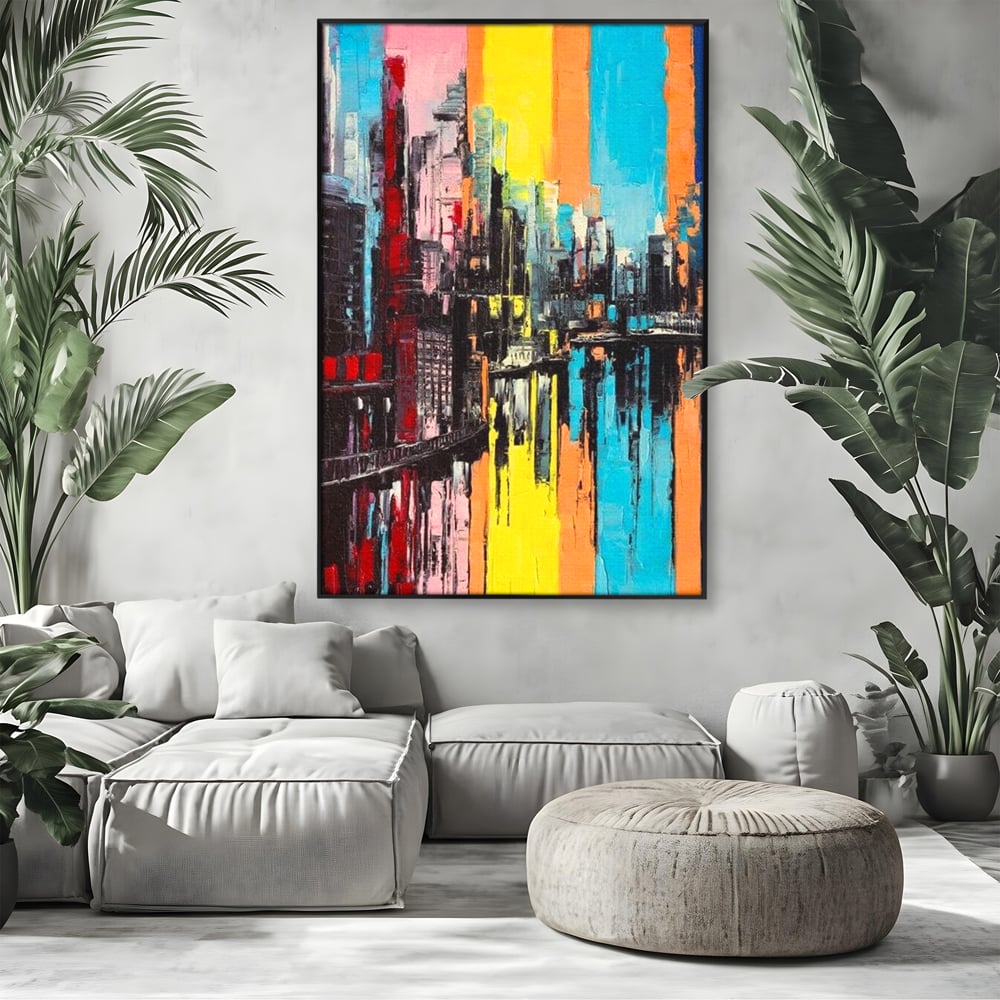 Tablou Canvas Premium, LuxCanva® O1028, Orasul Curcubeu,  Culoare, Reflexie, Urban, Noapte, Cladiri, Metropola, Abstract, Modernitate, Intensitate, Puls, Dinamism, Stralucire, Birou, Living, Dormitor