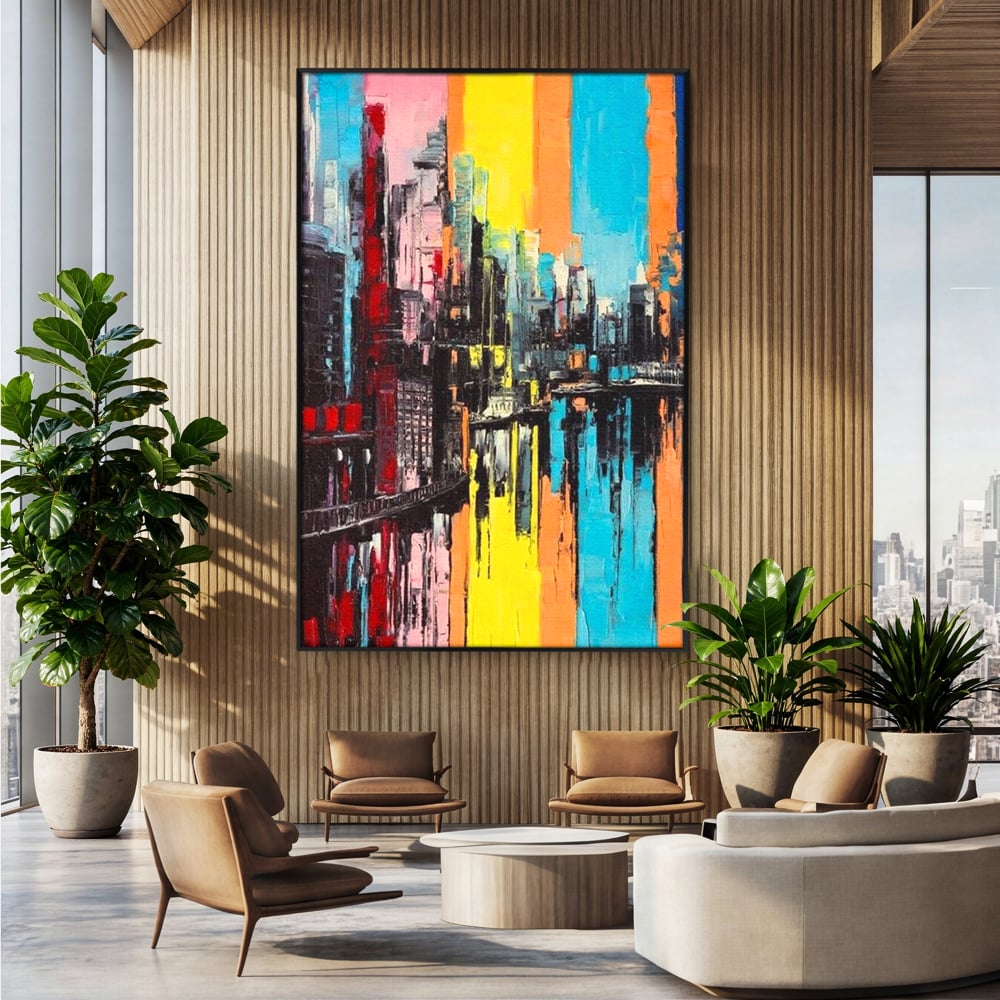 Tablou Canvas Premium, LuxCanva® O1028, Orasul Curcubeu,  Culoare, Reflexie, Urban, Noapte, Cladiri, Metropola, Abstract, Modernitate, Intensitate, Puls, Dinamism, Stralucire, Birou, Living, Dormitor