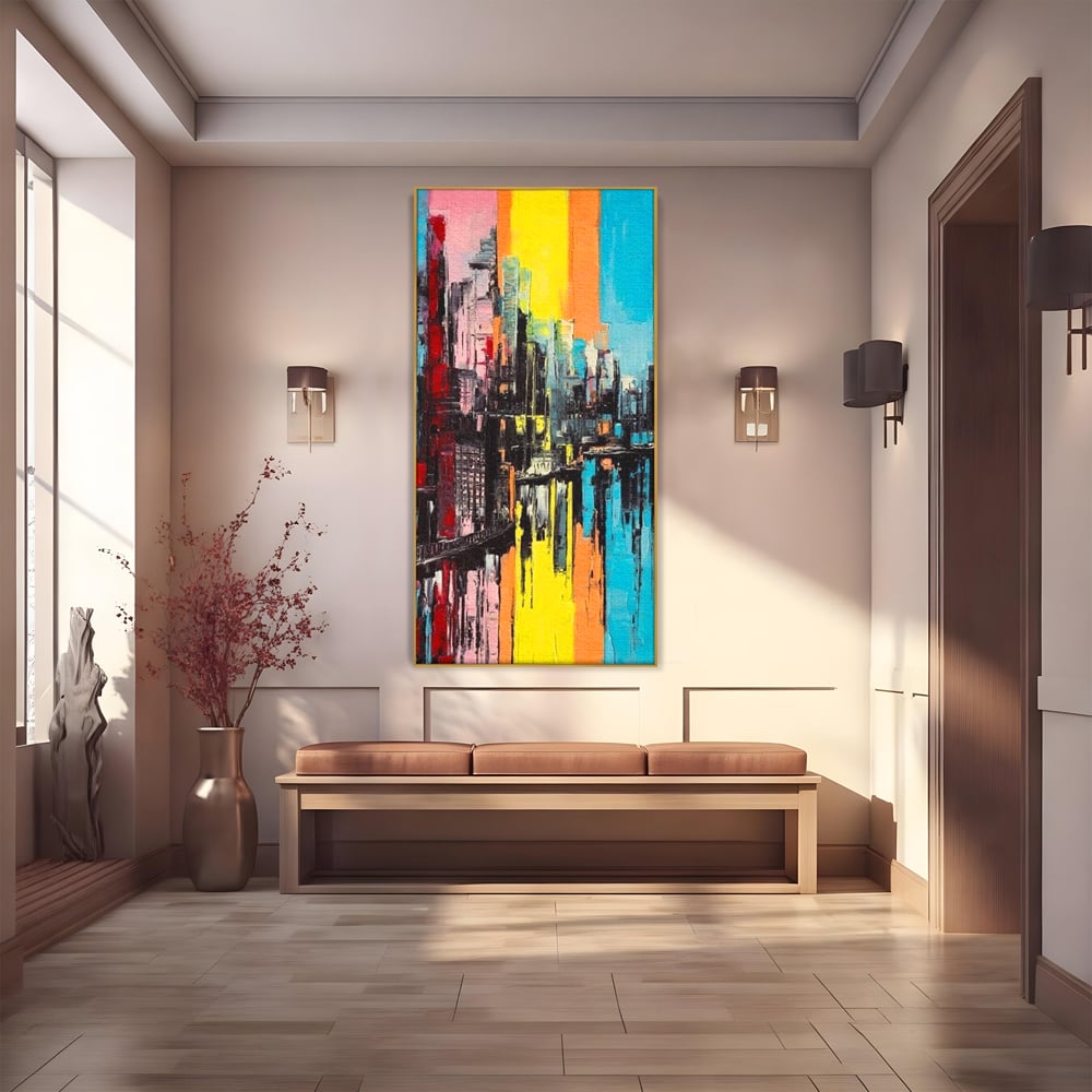 Tablou Canvas Premium, LuxCanva® O1028, Orasul Curcubeu,  Culoare, Reflexie, Urban, Noapte, Cladiri, Metropola, Abstract, Modernitate, Intensitate, Puls, Dinamism, Stralucire, Birou, Living, Dormitor