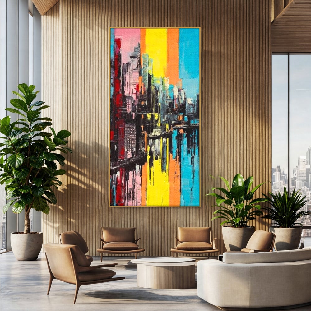 Tablou Canvas Premium, LuxCanva® O1028, Orasul Curcubeu,  Culoare, Reflexie, Urban, Noapte, Cladiri, Metropola, Abstract, Modernitate, Intensitate, Puls, Dinamism, Stralucire, Birou, Living, Dormitor
