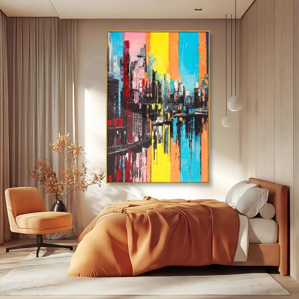 Tablou Canvas Premium, LuxCanva® O1028, Orasul Curcubeu,  Culoare, Reflexie, Urban, Noapte, Cladiri, Metropola, Abstract, Modernitate, Intensitate, Puls, Dinamism, Stralucire, Birou, Living, Dormitor