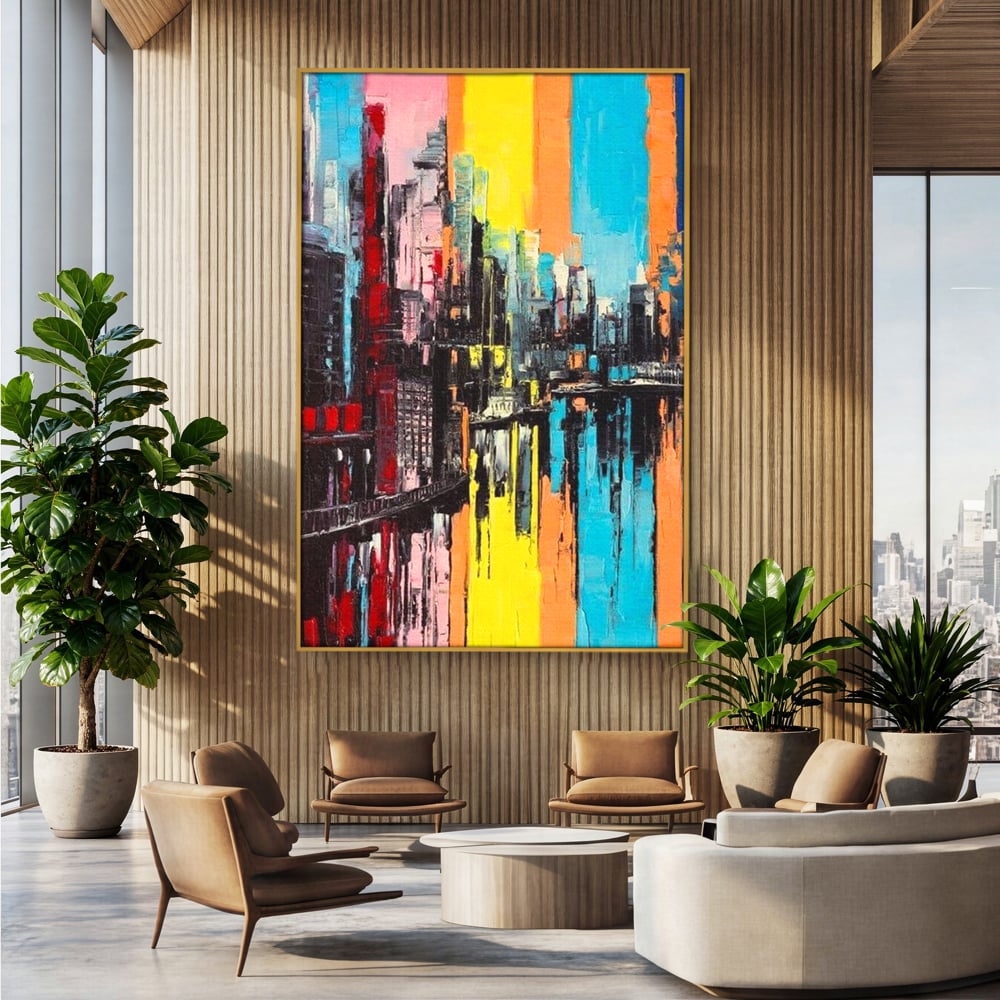 Tablou Canvas Premium, LuxCanva® O1028, Orasul Curcubeu,  Culoare, Reflexie, Urban, Noapte, Cladiri, Metropola, Abstract, Modernitate, Intensitate, Puls, Dinamism, Stralucire, Birou, Living, Dormitor