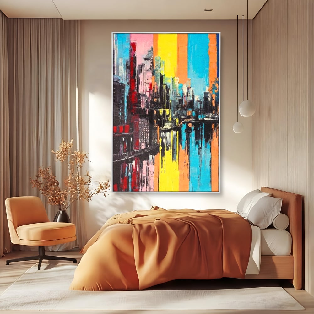 Tablou Canvas Premium, LuxCanva® O1028, Orasul Curcubeu,  Culoare, Reflexie, Urban, Noapte, Cladiri, Metropola, Abstract, Modernitate, Intensitate, Puls, Dinamism, Stralucire, Birou, Living, Dormitor