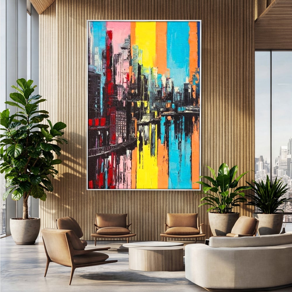 Tablou Canvas Premium, LuxCanva® O1028, Orasul Curcubeu,  Culoare, Reflexie, Urban, Noapte, Cladiri, Metropola, Abstract, Modernitate, Intensitate, Puls, Dinamism, Stralucire, Birou, Living, Dormitor