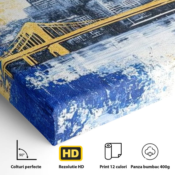 Tablou Canvas Premium, LuxCanva® O1030, Puntea dintre Cer si Apa, Pod, Gold, Auriu, Albastru, Armonie, Ecou, Oras, Umbre, Plutire, Structuri, Calator, Fericire, Motivatie, Birou, Living, Dormitor