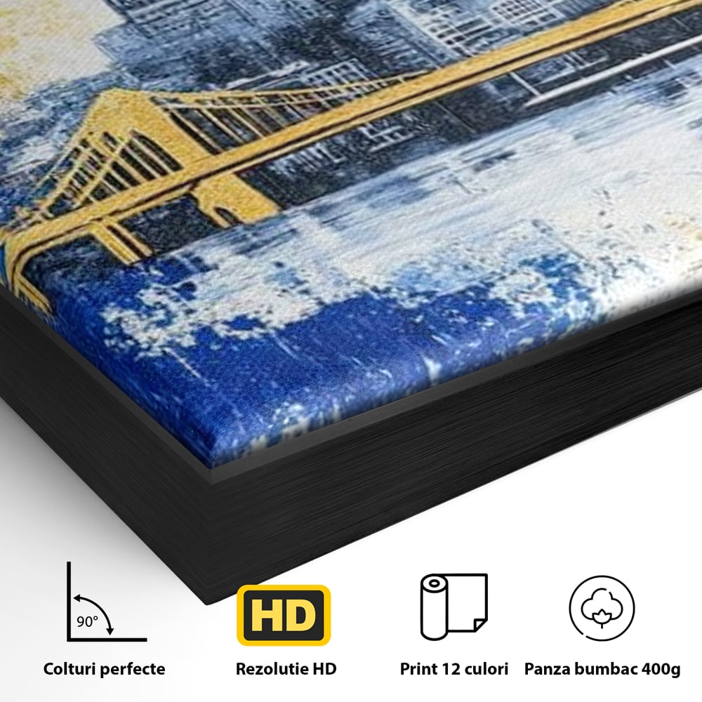 Tablou Canvas Premium, LuxCanva® O1030, Puntea dintre Cer si Apa, Pod, Gold, Auriu, Albastru, Armonie, Ecou, Oras, Umbre, Plutire, Structuri, Calator, Fericire, Motivatie, Birou, Living, Dormitor