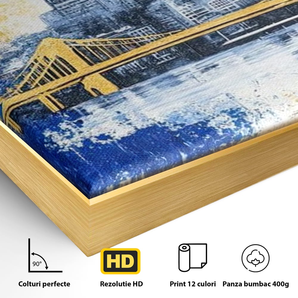 Tablou Canvas Premium, LuxCanva® O1030, Puntea dintre Cer si Apa, Pod, Gold, Auriu, Albastru, Armonie, Ecou, Oras, Umbre, Plutire, Structuri, Calator, Fericire, Motivatie, Birou, Living, Dormitor