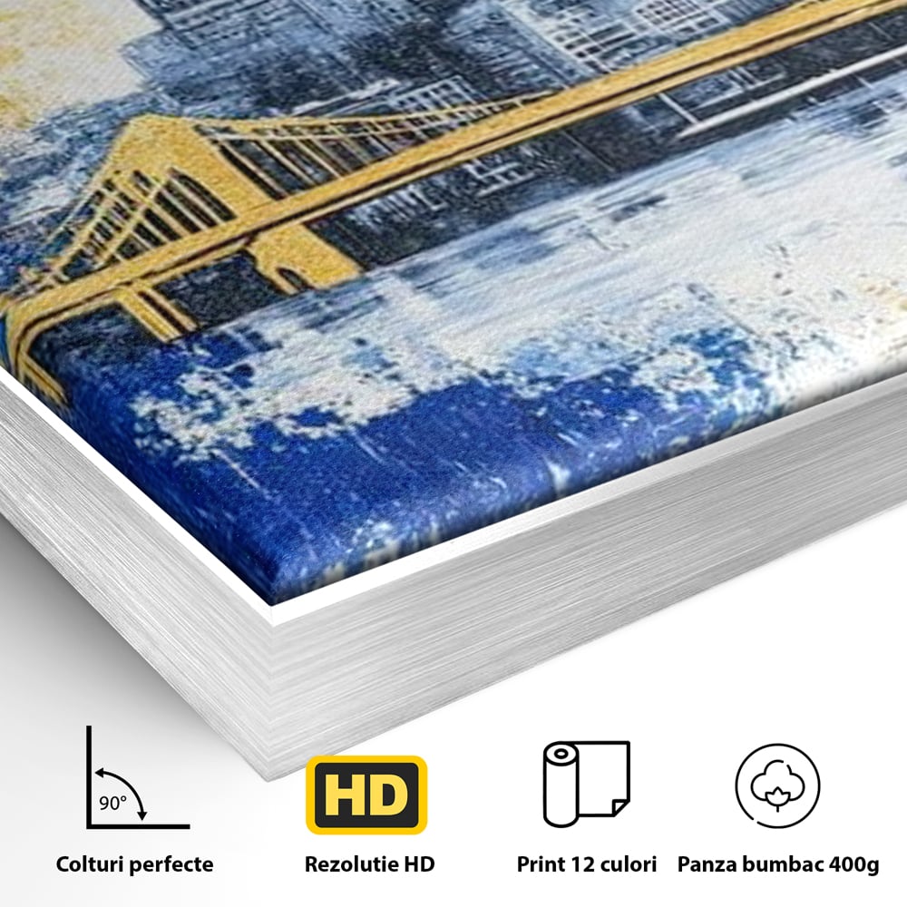 Tablou Canvas Premium, LuxCanva® O1030, Puntea dintre Cer si Apa, Pod, Gold, Auriu, Albastru, Armonie, Ecou, Oras, Umbre, Plutire, Structuri, Calator, Fericire, Motivatie, Birou, Living, Dormitor