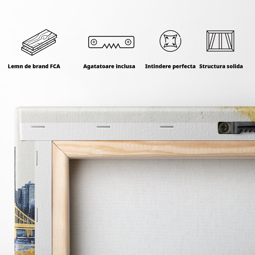 Tablou Canvas Premium, LuxCanva® O1030, Puntea dintre Cer si Apa, Pod, Gold, Auriu, Albastru, Armonie, Ecou, Oras, Umbre, Plutire, Structuri, Calator, Fericire, Motivatie, Birou, Living, Dormitor