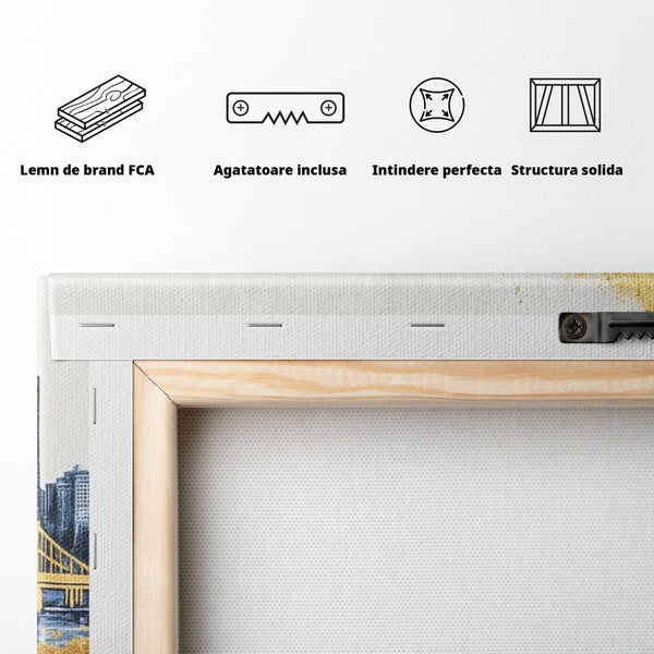 Tablou Canvas Premium, LuxCanva® O1030, Puntea dintre Cer si Apa, Pod, Gold, Auriu, Albastru, Armonie, Ecou, Oras, Umbre, Plutire, Structuri, Calator, Fericire, Motivatie, Birou, Living, Dormitor