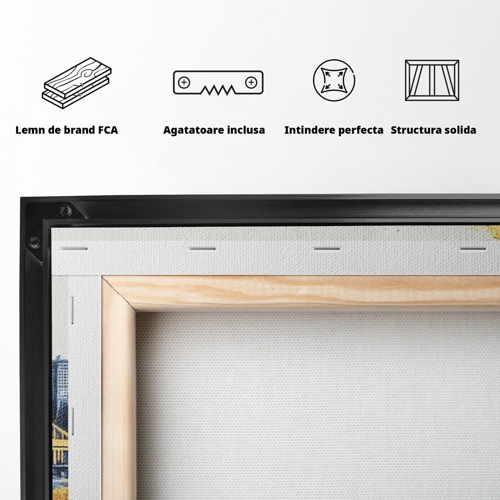Tablou Canvas Premium, LuxCanva® O1030, Puntea dintre Cer si Apa, Pod, Gold, Auriu, Albastru, Armonie, Ecou, Oras, Umbre, Plutire, Structuri, Calator, Fericire, Motivatie, Birou, Living, Dormitor