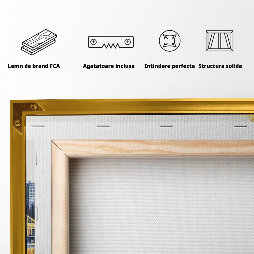 Tablou Canvas Premium, LuxCanva® O1030, Puntea dintre Cer si Apa, Pod, Gold, Auriu, Albastru, Armonie, Ecou, Oras, Umbre, Plutire, Structuri, Calator, Fericire, Motivatie, Birou, Living, Dormitor