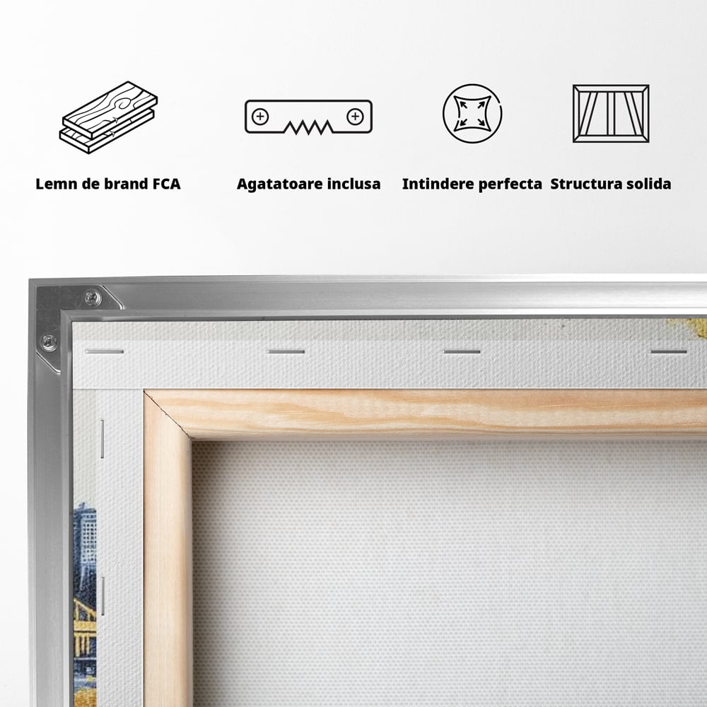Tablou Canvas Premium, LuxCanva® O1030, Puntea dintre Cer si Apa, Pod, Gold, Auriu, Albastru, Armonie, Ecou, Oras, Umbre, Plutire, Structuri, Calator, Fericire, Motivatie, Birou, Living, Dormitor