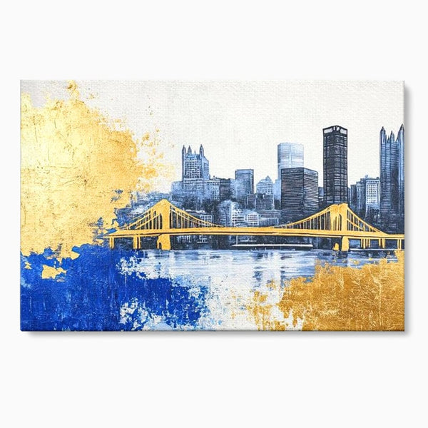 Tablou Canvas Premium, LuxCanva® O1030, Puntea dintre Cer si Apa, Pod, Gold, Auriu, Albastru, Armonie, Ecou, Oras, Umbre, Plutire, Structuri, Calator, Fericire, Motivatie, Birou, Living, Dormitor