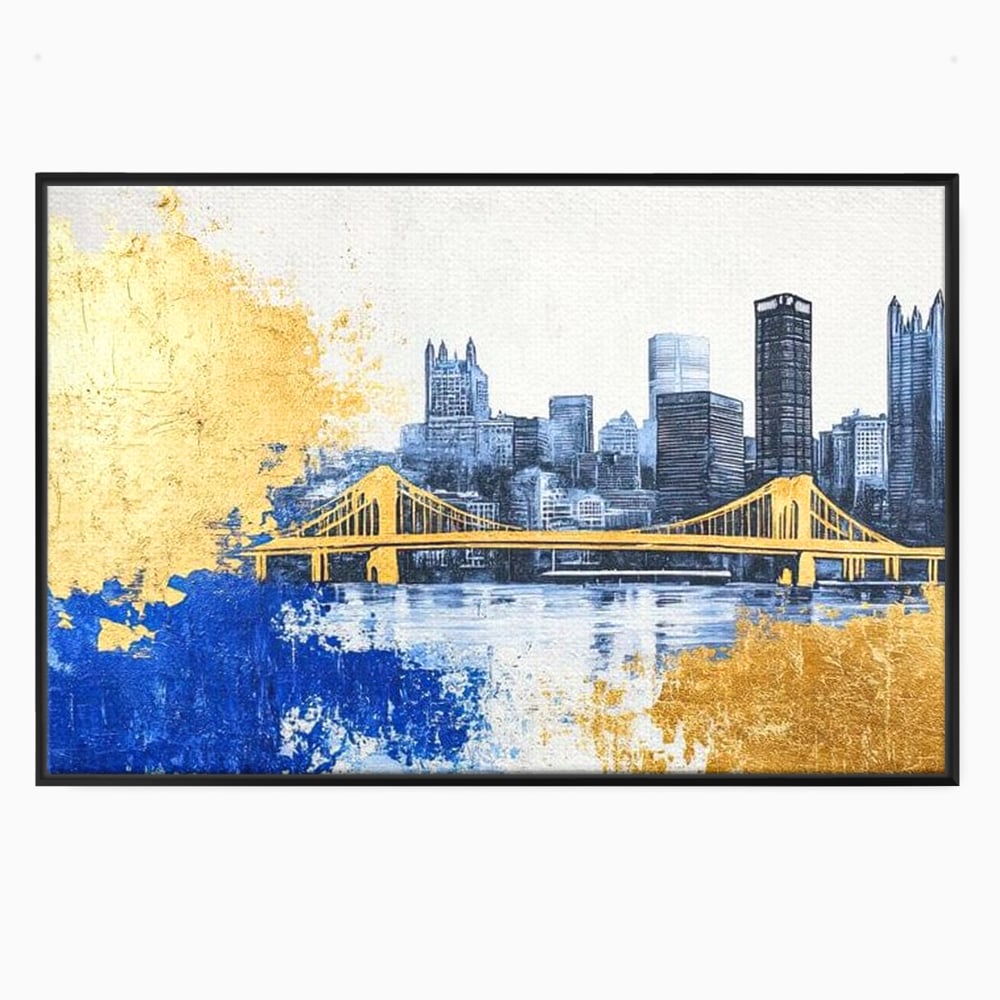Tablou Canvas Premium, LuxCanva® O1030, Puntea dintre Cer si Apa, Pod, Gold, Auriu, Albastru, Armonie, Ecou, Oras, Umbre, Plutire, Structuri, Calator, Fericire, Motivatie, Birou, Living, Dormitor