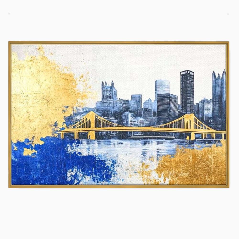 Tablou Canvas Premium, LuxCanva® O1030, Puntea dintre Cer si Apa, Pod, Gold, Auriu, Albastru, Armonie, Ecou, Oras, Umbre, Plutire, Structuri, Calator, Fericire, Motivatie, Birou, Living, Dormitor