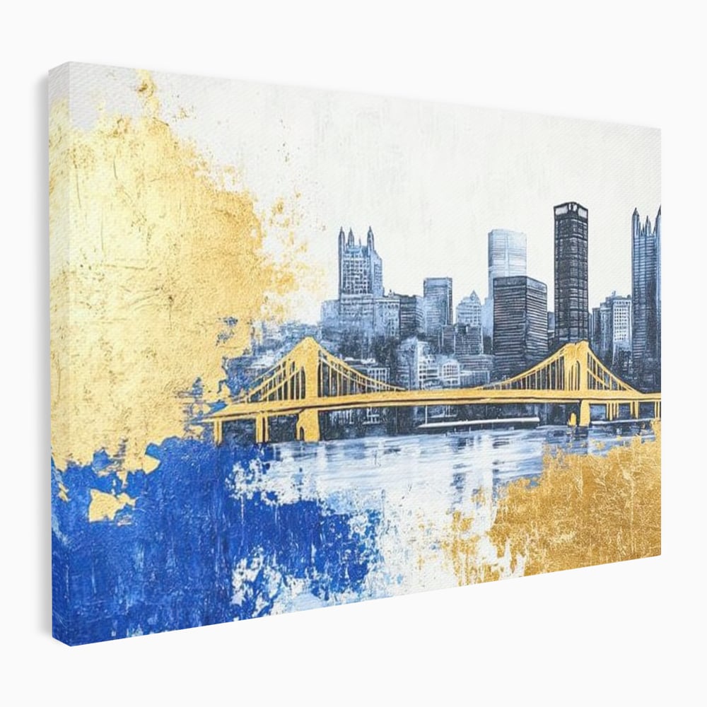 Tablou Canvas Premium, LuxCanva® O1030, Puntea dintre Cer si Apa, Pod, Gold, Auriu, Albastru, Armonie, Ecou, Oras, Umbre, Plutire, Structuri, Calator, Fericire, Motivatie, Birou, Living, Dormitor