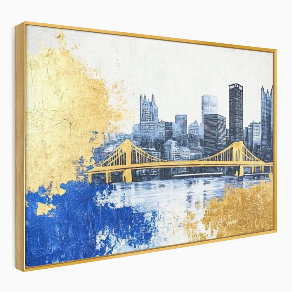 Tablou Canvas Premium, LuxCanva® O1030, Puntea dintre Cer si Apa, Pod, Gold, Auriu, Albastru, Armonie, Ecou, Oras, Umbre, Plutire, Structuri, Calator, Fericire, Motivatie, Birou, Living, Dormitor