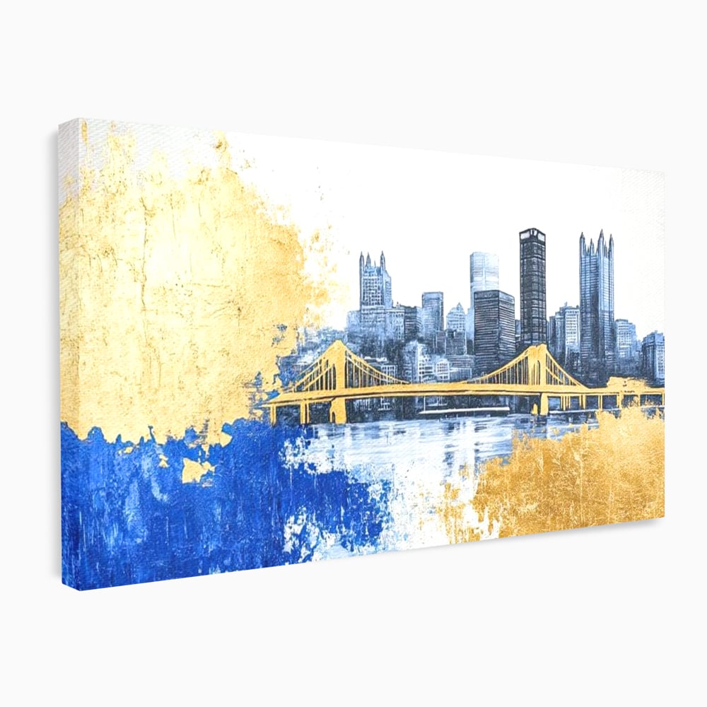 Tablou Canvas Premium, LuxCanva® O1030, Puntea dintre Cer si Apa, Pod, Gold, Auriu, Albastru, Armonie, Ecou, Oras, Umbre, Plutire, Structuri, Calator, Fericire, Motivatie, Birou, Living, Dormitor