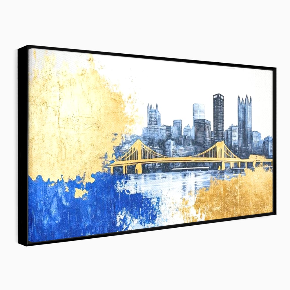 Tablou Canvas Premium, LuxCanva® O1030, Puntea dintre Cer si Apa, Pod, Gold, Auriu, Albastru, Armonie, Ecou, Oras, Umbre, Plutire, Structuri, Calator, Fericire, Motivatie, Birou, Living, Dormitor