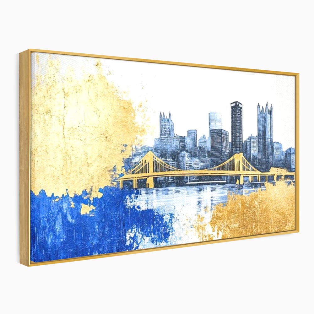 Tablou Canvas Premium, LuxCanva® O1030, Puntea dintre Cer si Apa, Pod, Gold, Auriu, Albastru, Armonie, Ecou, Oras, Umbre, Plutire, Structuri, Calator, Fericire, Motivatie, Birou, Living, Dormitor